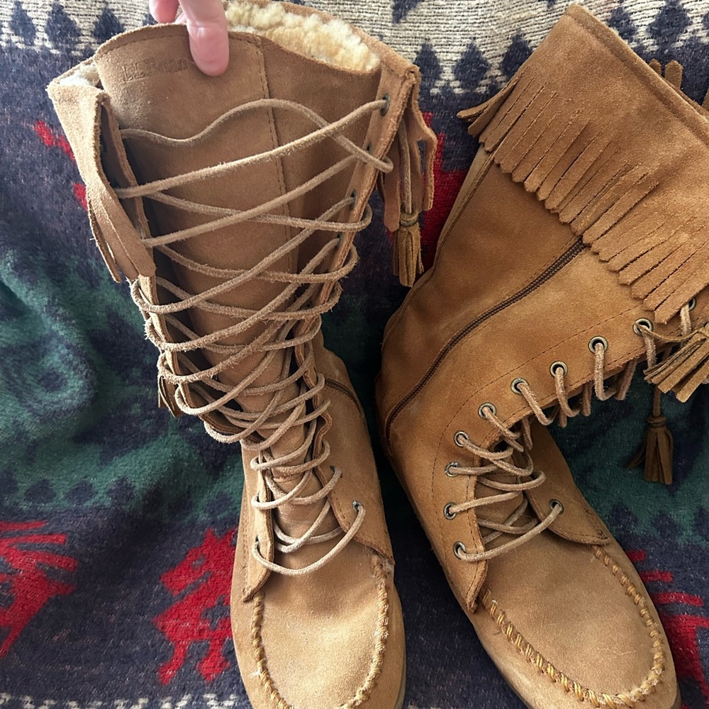 L.L. Bean Tan Lace Up Fringe Boots - Picture 3 of 7